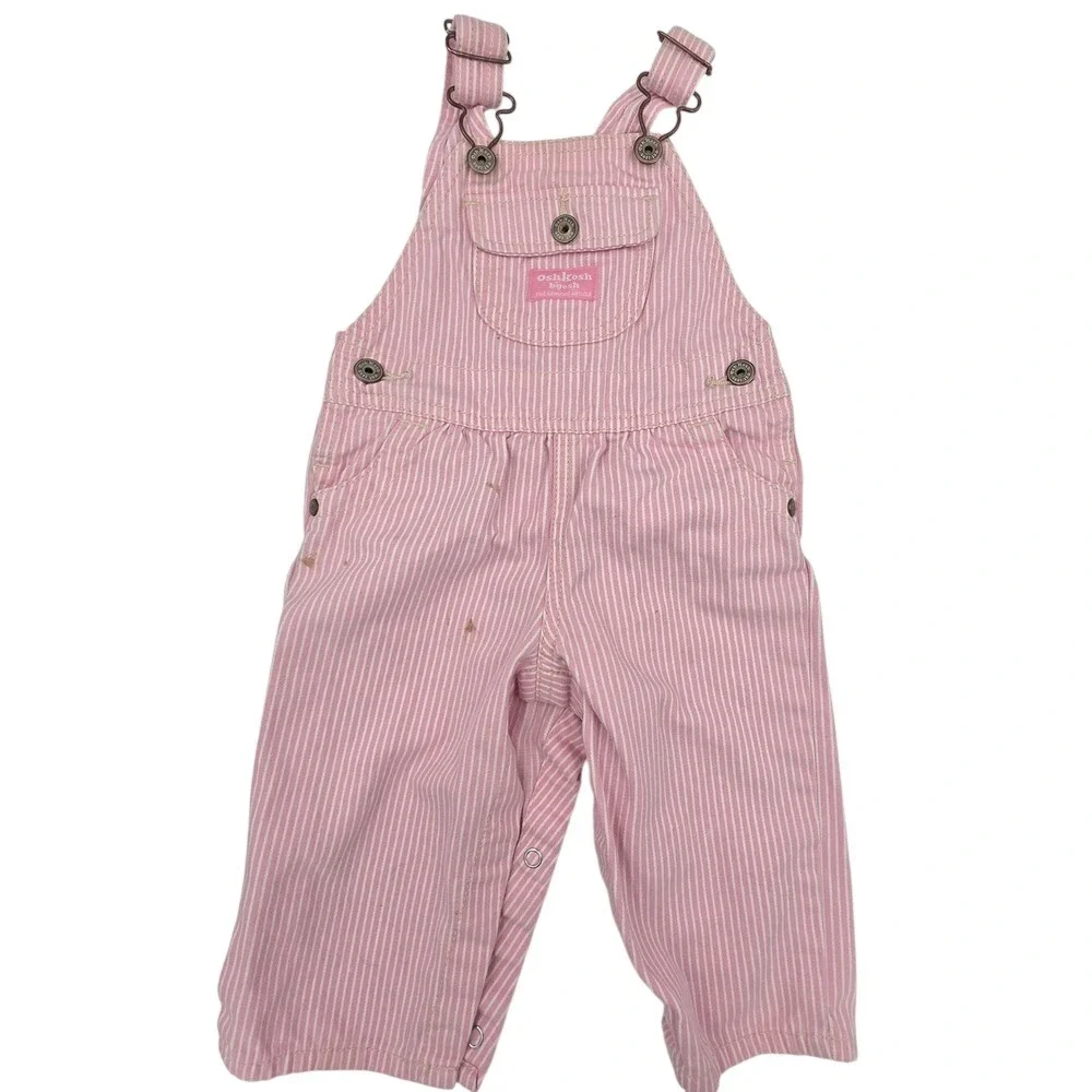 OshKosh B'gosh Pink White Stripe Baby Girl Overalls‎ Jumpsuit Snap Size 9 M 2010